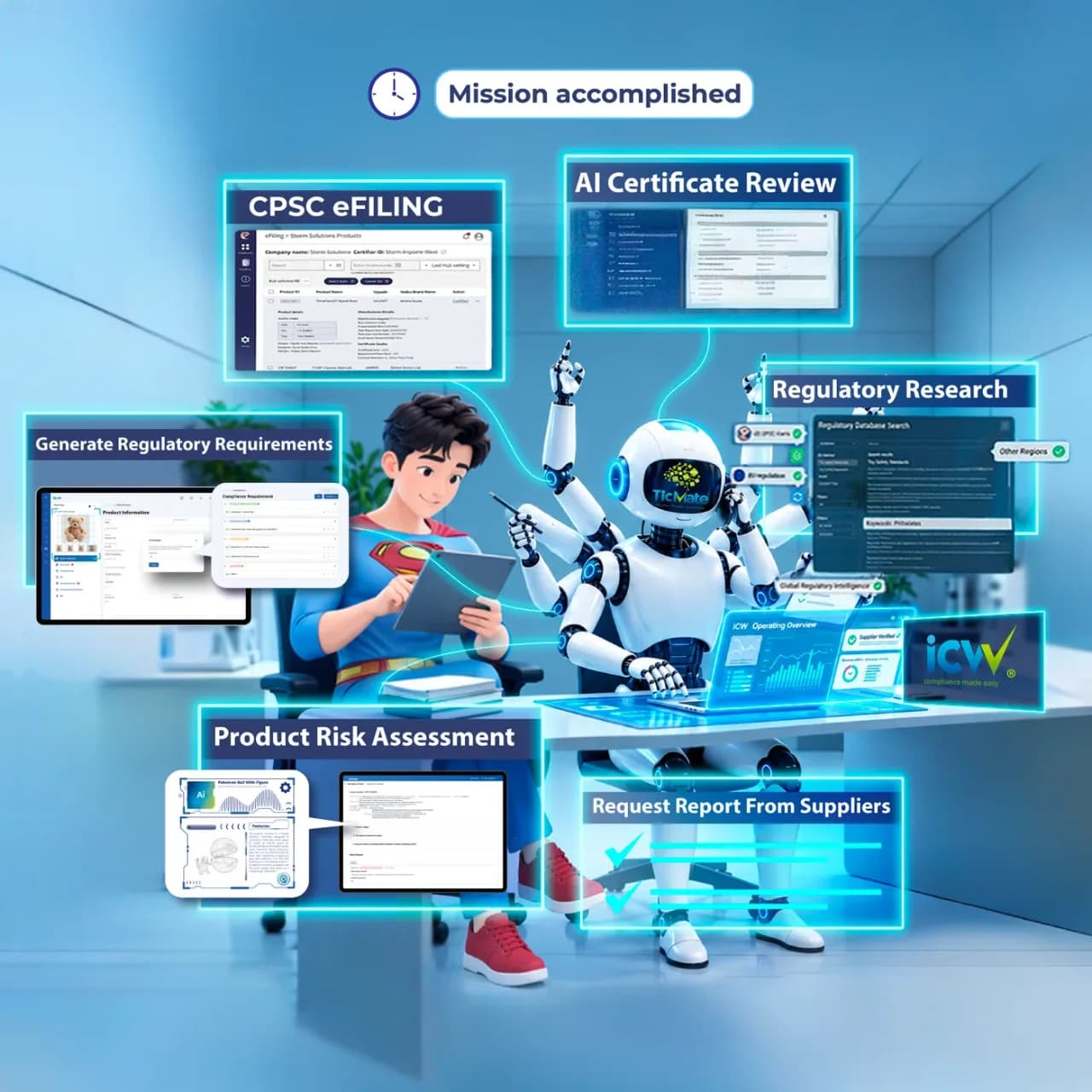 ICW 合规 AI 智能体与 QA 专业人员协作:CPSC 电子备案、AI 证书审核、生成法规要求、法规研究、产品风险评估和向供应商索取报告。准时下班。