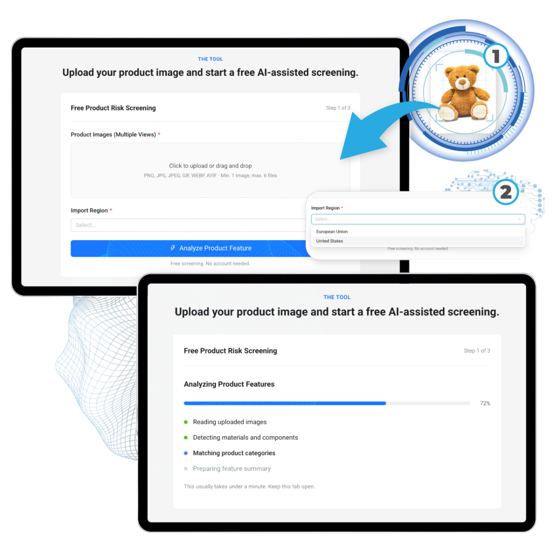 The screening tool: upload product images, select an import region, and watch the product features being analyzed